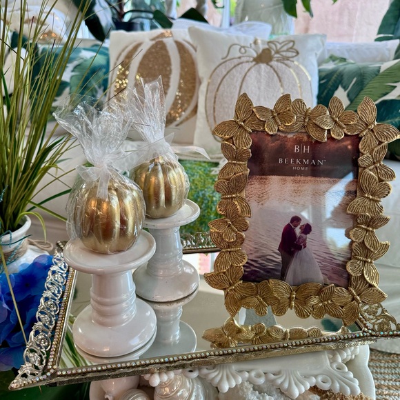 New! White Ceramic Candle Holders  + Gold Pumpkin Candles - Picture 2 of 4